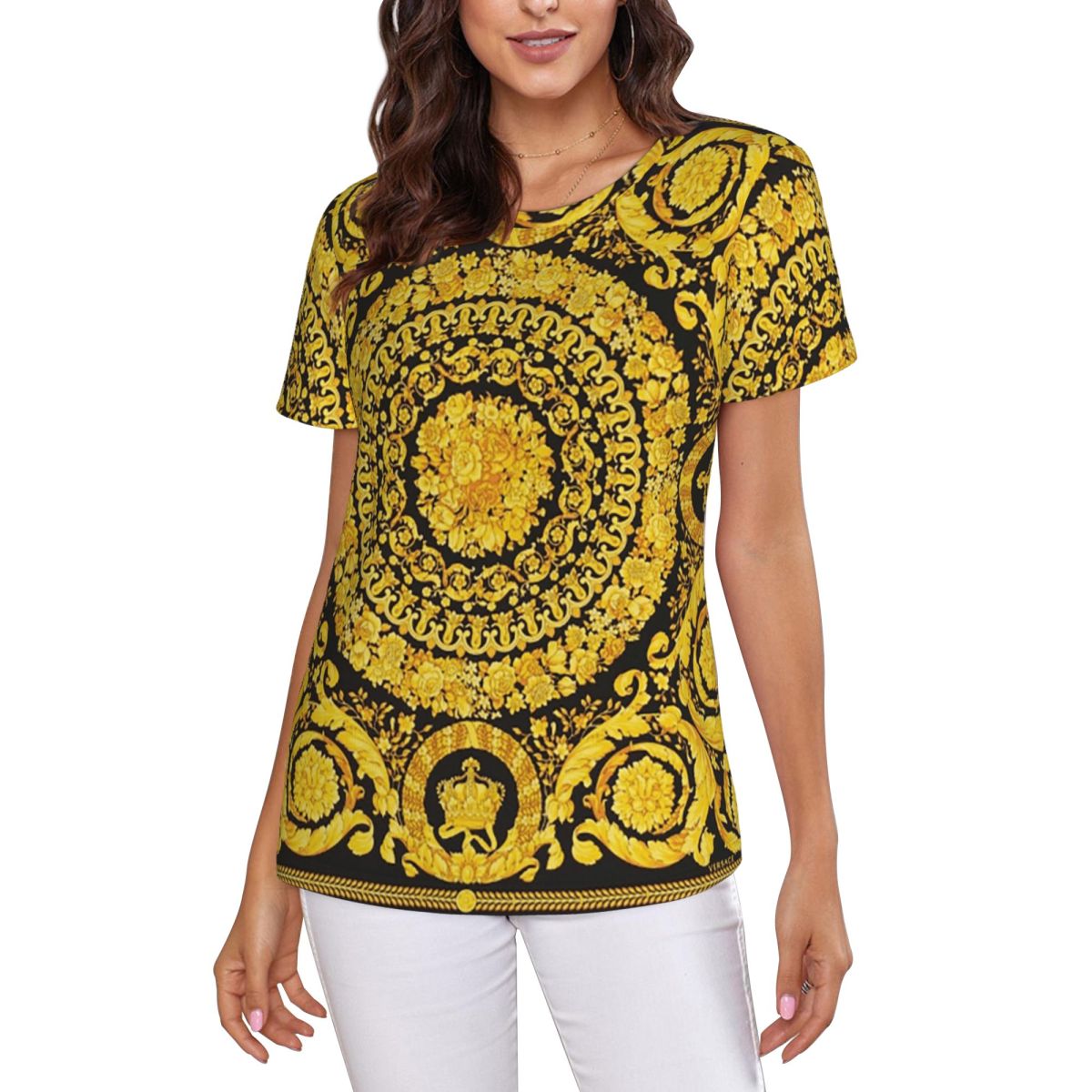 Summer Clothing For 60 Year Old Woman - Dekoratif Altın Madalyon Barok T-Shirt Kadın