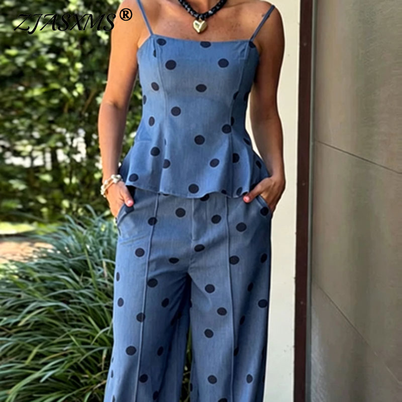 Summer Clothing Tops - Vintage Puantiyeli Şambray İki Parçalı Takım